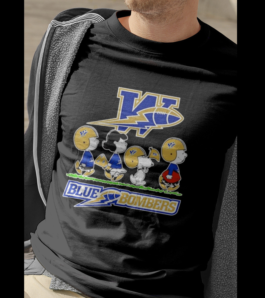 Peanuts Characters Winnipeg Blue Bombers CFL Collaboration Charlie Brown Snoopy Lucy Football Helmets T-Shirt