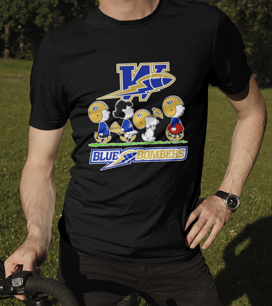 Peanuts Characters Winnipeg Blue Bombers CFL Collaboration Charlie Brown Snoopy Lucy Football Helmets T-Shirt