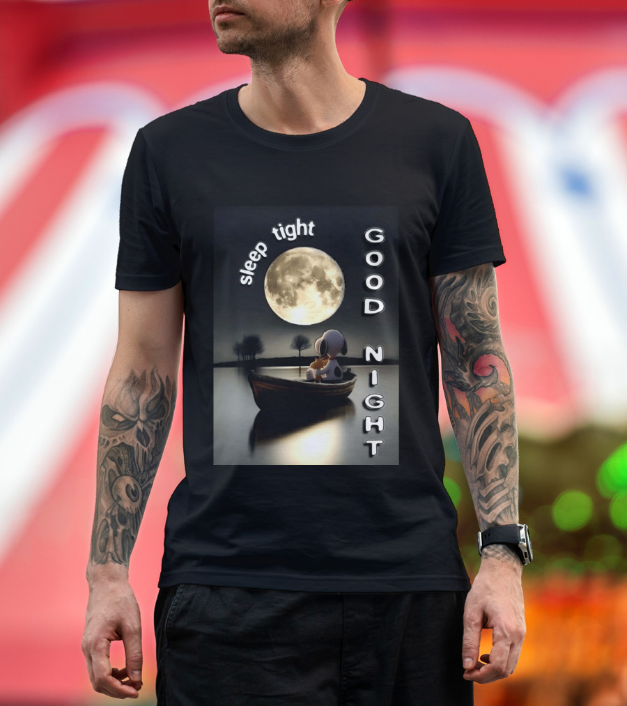 Sleep Tight Good Night Snoopy And Woodstock Moonlight Boat Scene T-Shirt