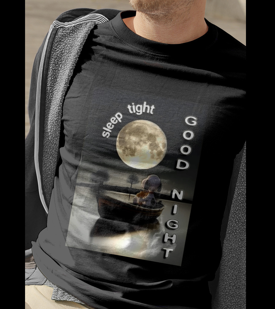 Sleep Tight Good Night Snoopy And Woodstock Moonlight Boat Scene T-Shirt