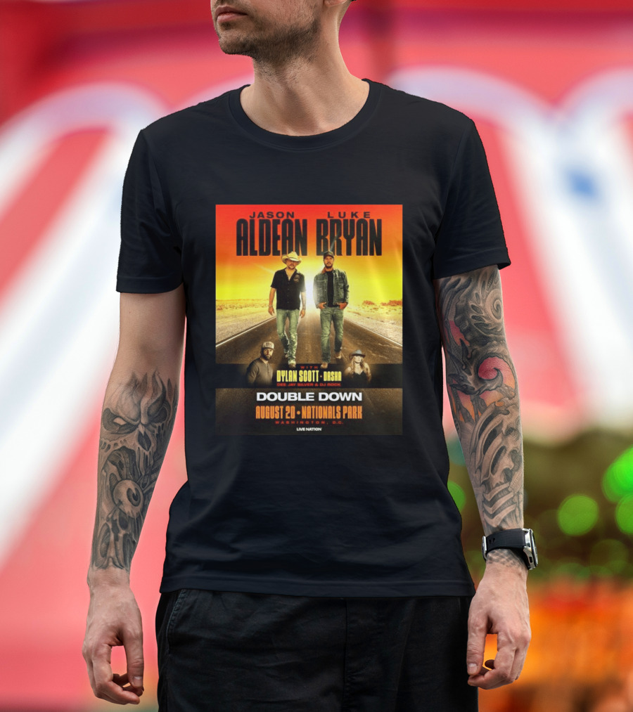 Jason Aldean Luke Bryan Double Down August 20 Nationals Park Washington D.C. With Dylan Scott Dasha Dee Jay Silver Dj Rock Live Nation T-Shirt