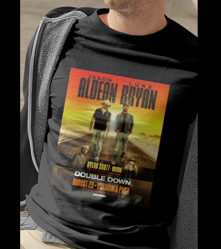 Jason Aldean Luke Bryan Double Down August 20 Nationals Park Washington D.C. With Dylan Scott Dasha Dee Jay Silver Dj Rock Live Nation T-Shirt