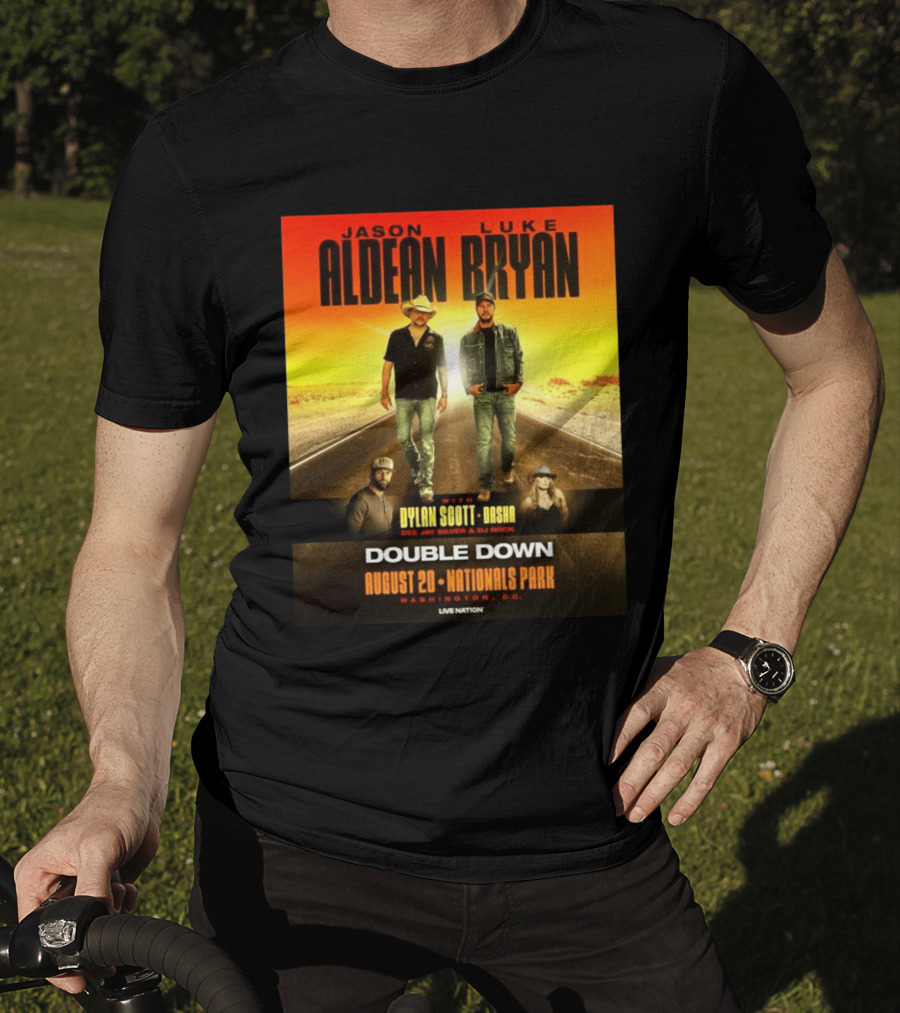 Jason Aldean Luke Bryan Double Down August 20 Nationals Park Washington D.C. With Dylan Scott Dasha Dee Jay Silver Dj Rock Live Nation T-Shirt