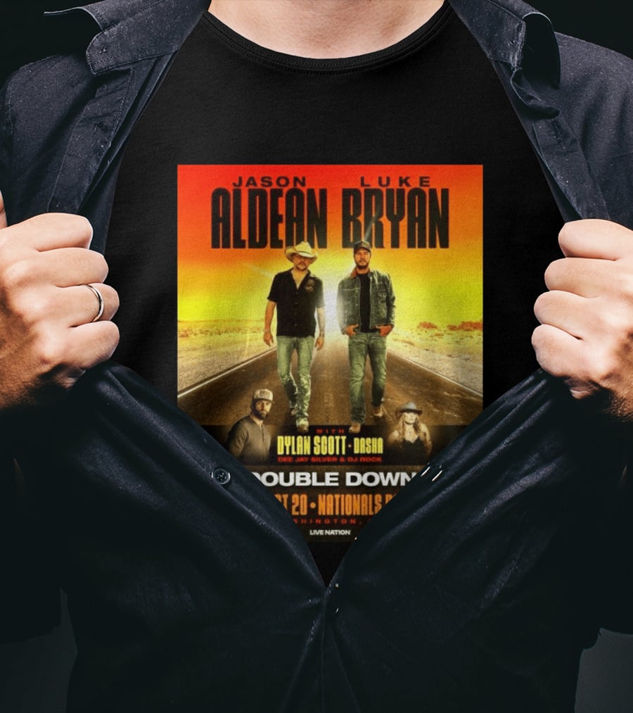 Jason Aldean Luke Bryan Double Down August 20 Nationals Park Washington D.C. With Dylan Scott Dasha Dee Jay Silver Dj Rock Live Nation T-Shirt