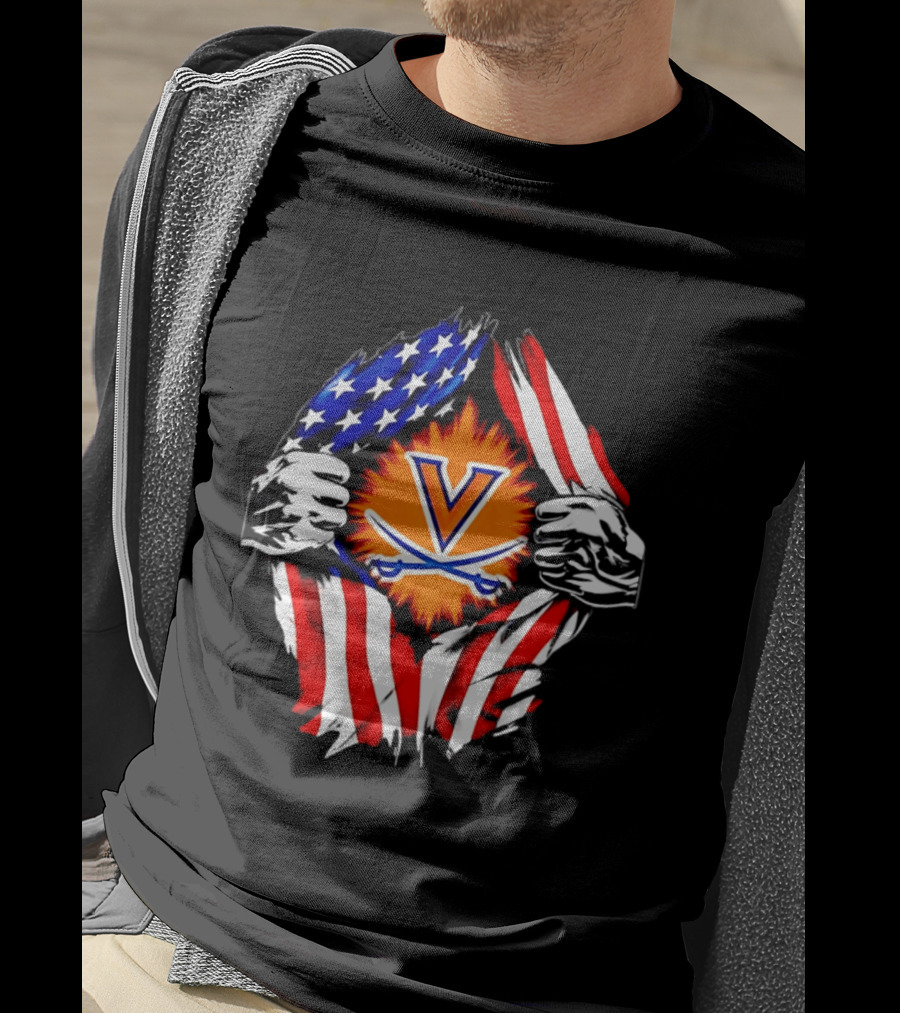 Virginia Cavaliers American Flag Ripped Chest V T-Shirt