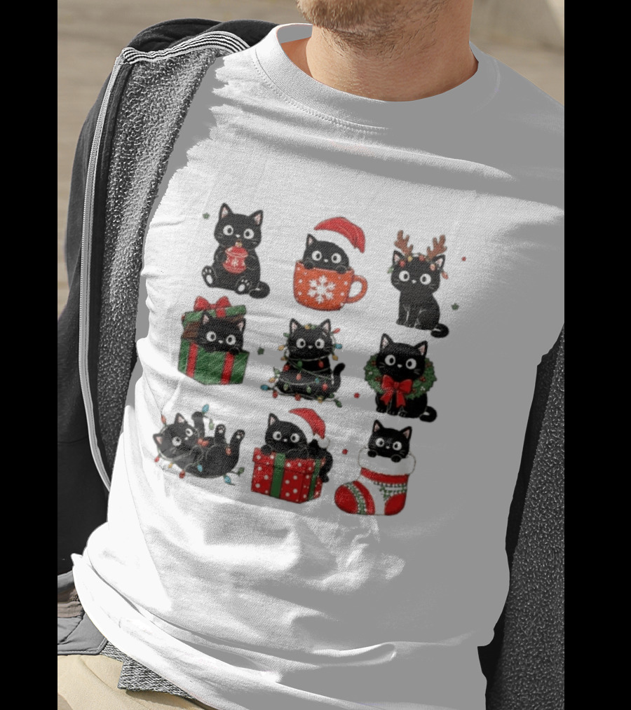 Black Cats Christmas Grid T-Shirt