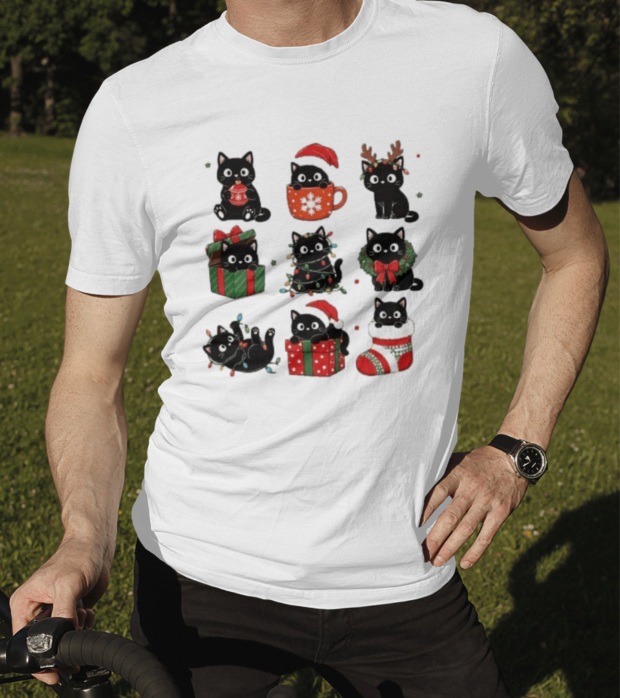 Black Cats Christmas Grid T-Shirt