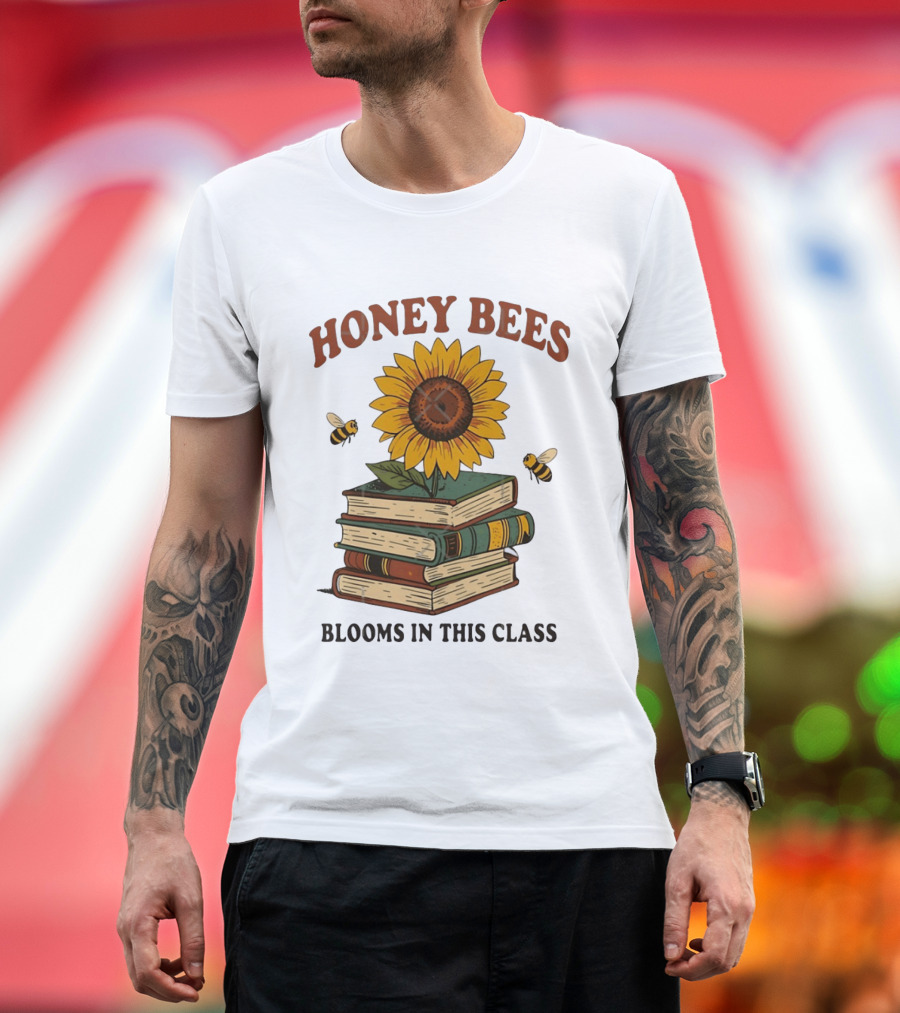 Honey Bees Blooms In This Class Sunflower And Books T-Shirt