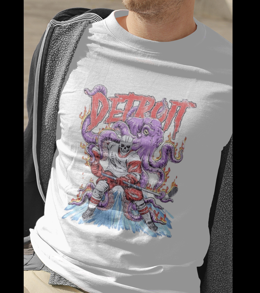 Detroit Red Wings Skeleton Hockey Octopus Distressed T-Shirt