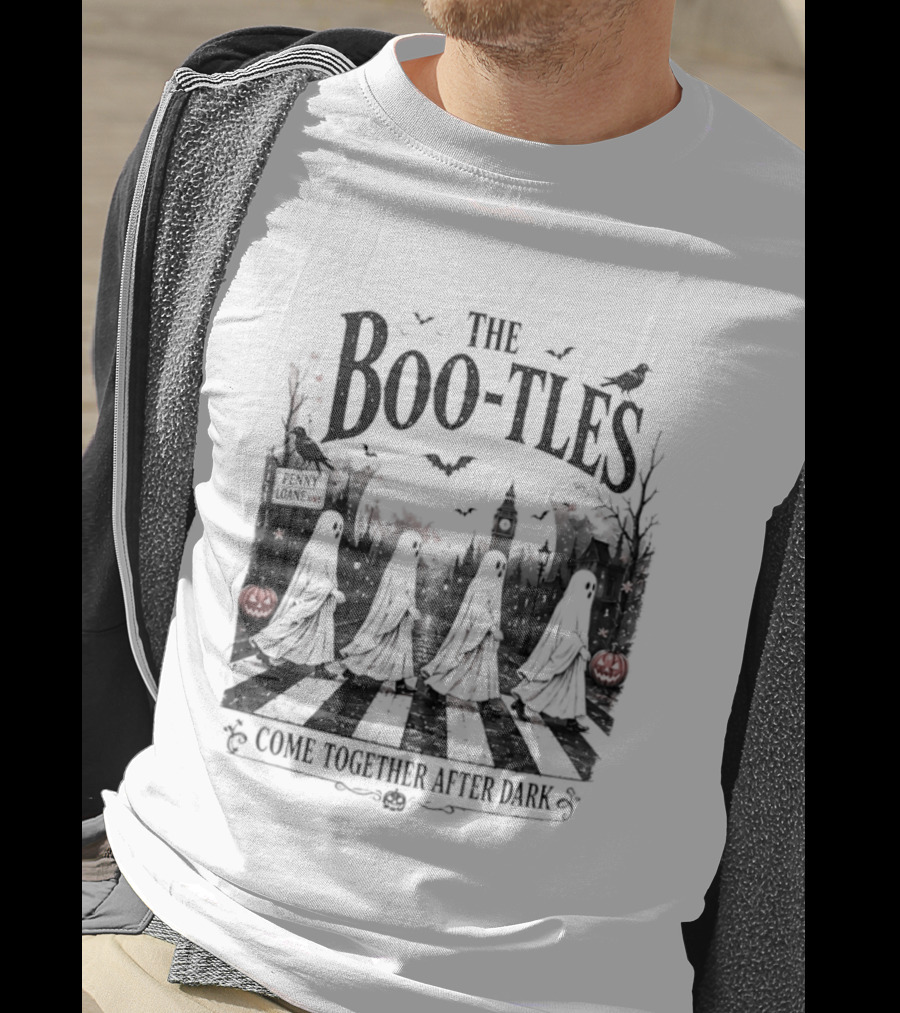 The Boo Tles Come Together After Dark Halloween Ghostly Abbey Road Bats Pumpkins T-Shirt