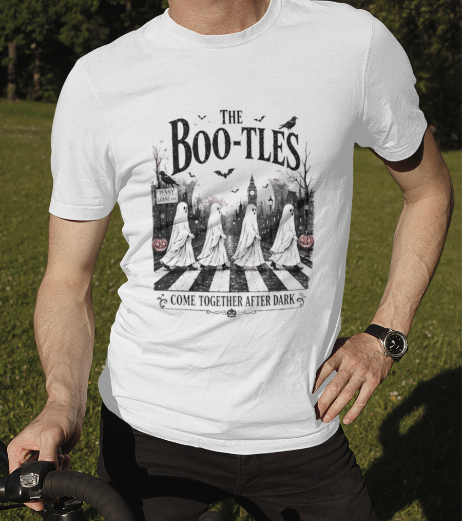 The Boo Tles Come Together After Dark Halloween Ghostly Abbey Road Bats Pumpkins T-Shirt