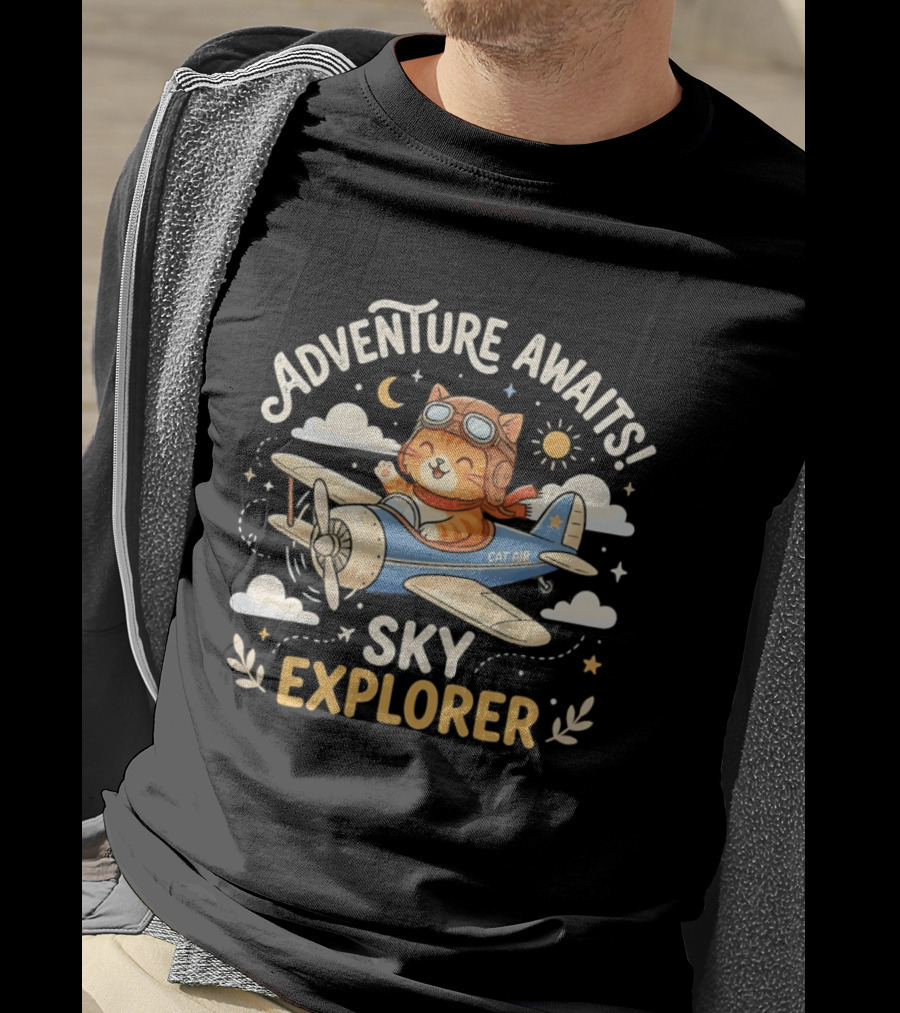 Adventure Awaits Cat Sky Explorer Airplane T-Shirt