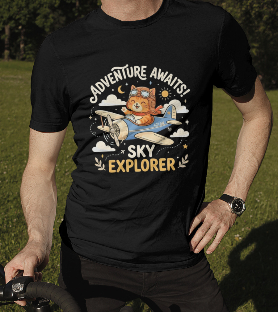 Adventure Awaits Cat Sky Explorer Airplane T-Shirt