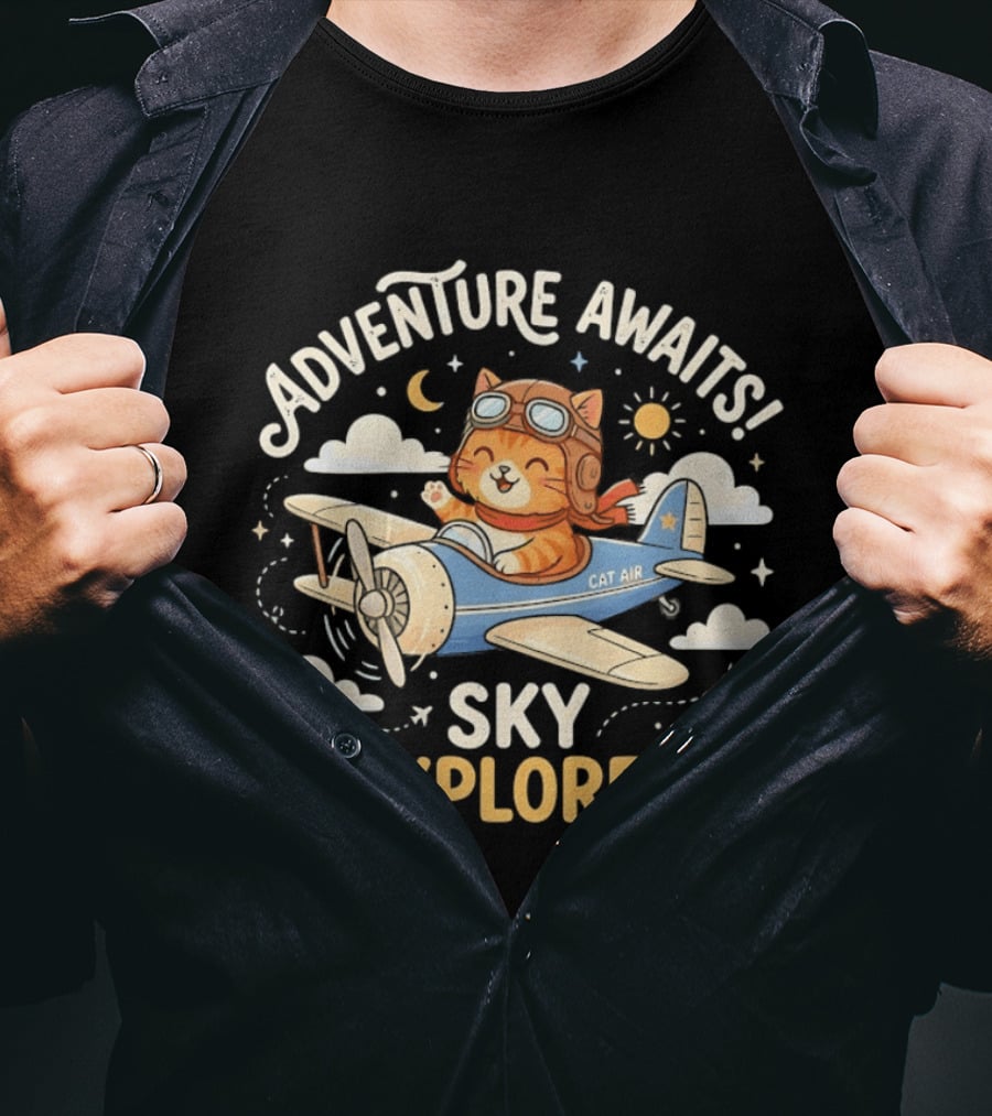 Adventure Awaits Cat Sky Explorer Airplane T-Shirt