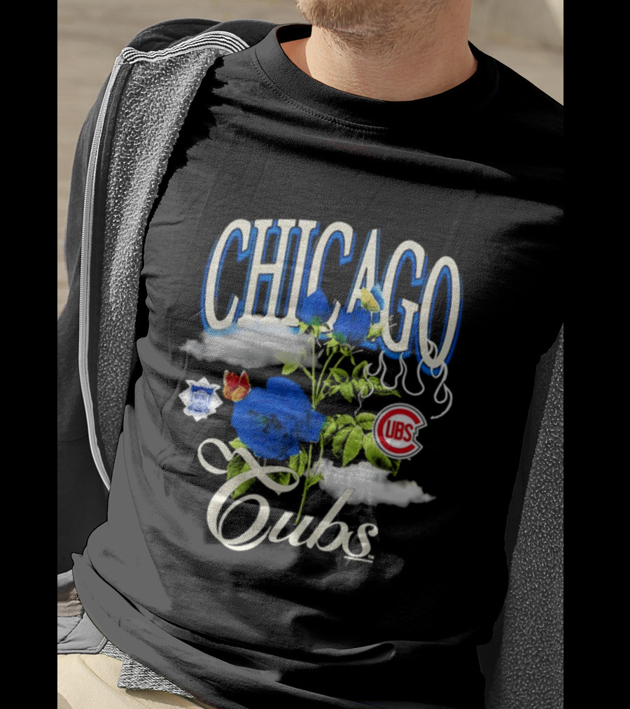 Chicago Cubs National League Blue Floral Rose Clouds T-Shirt