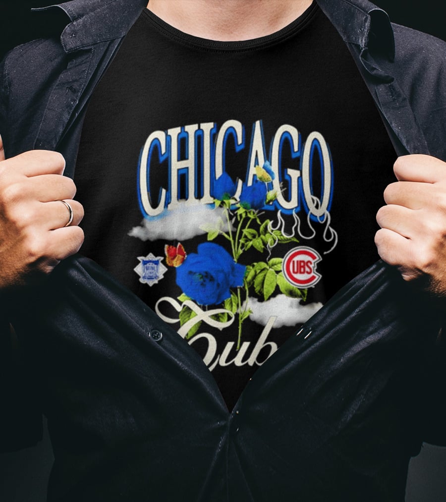 Chicago Cubs National League Blue Floral Rose Clouds T-Shirt