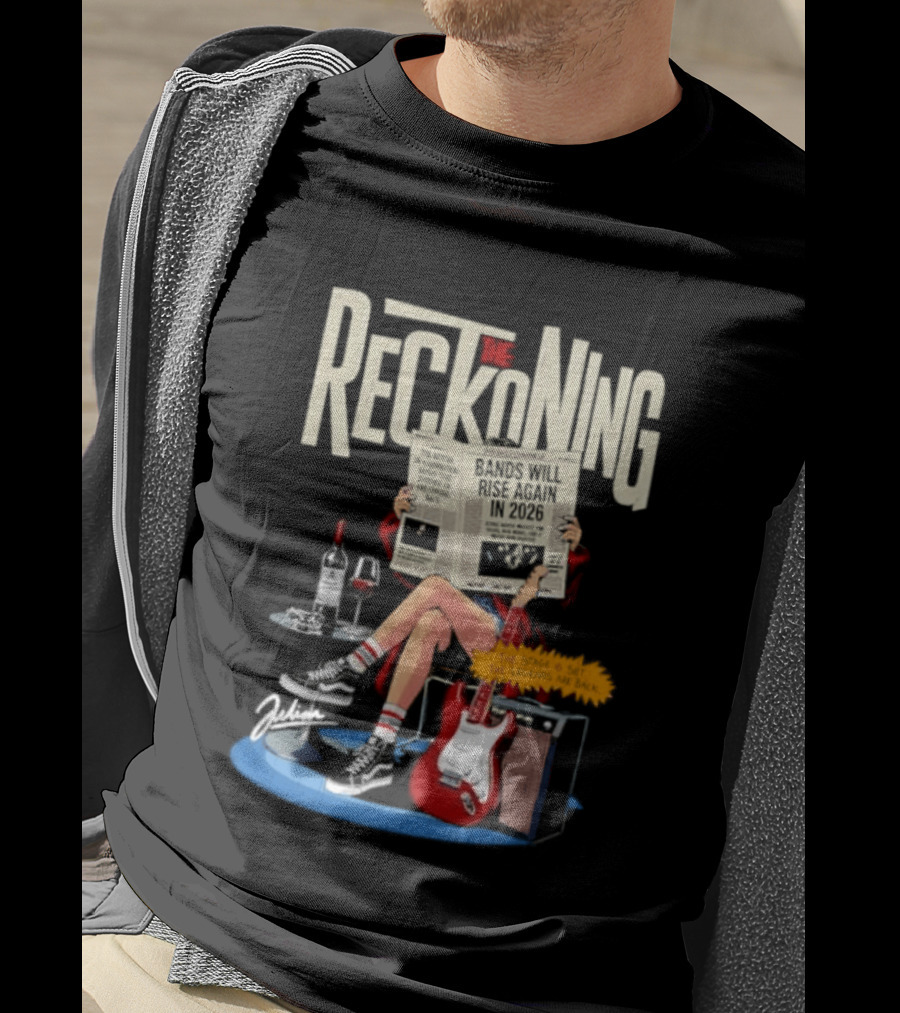 The Reckoning Bands Will Rise Again 2026 Woman Reading Newspaper Red Electric Guitar Amp T-Shirt