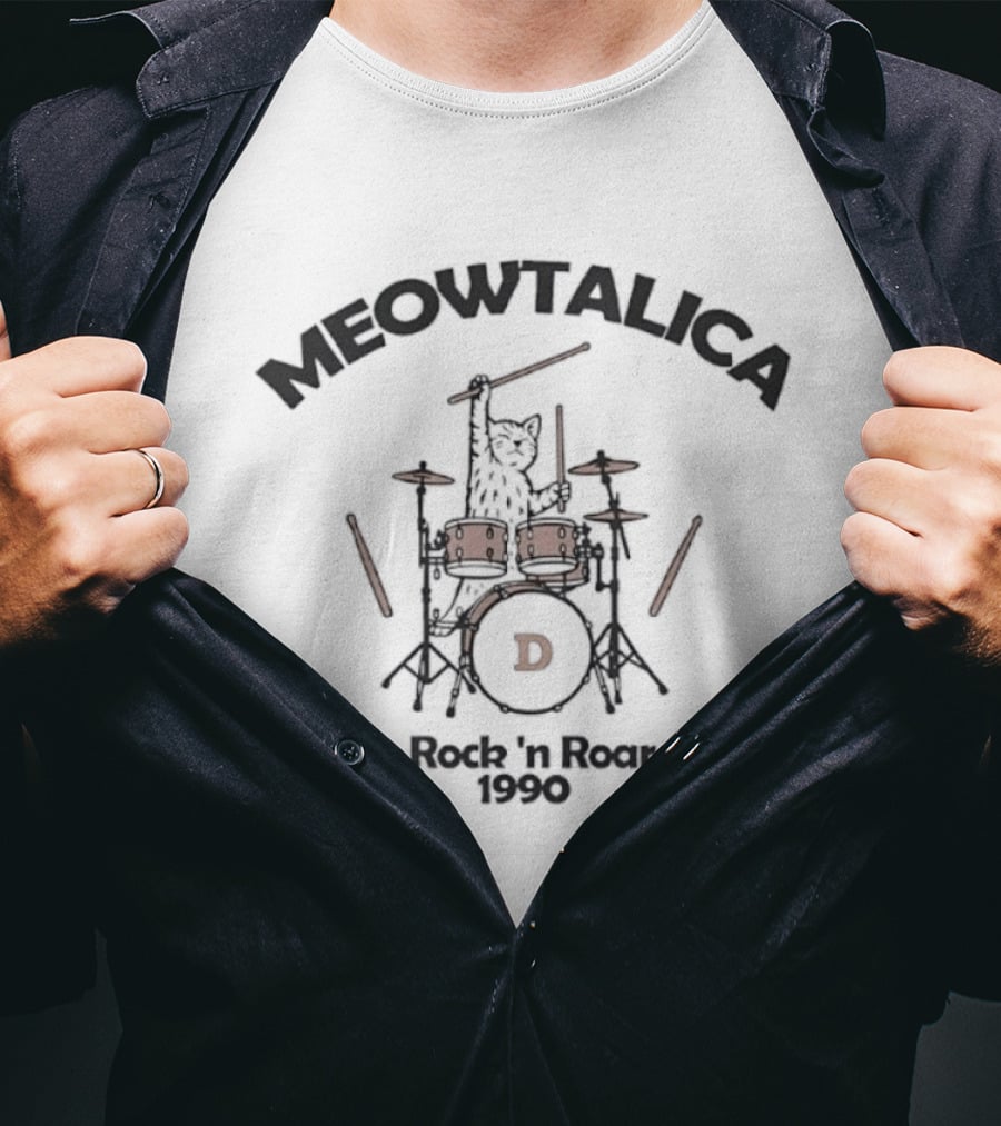 Meowtalica Rock 'n Roar 1990 Cat Drummer D T-Shirt