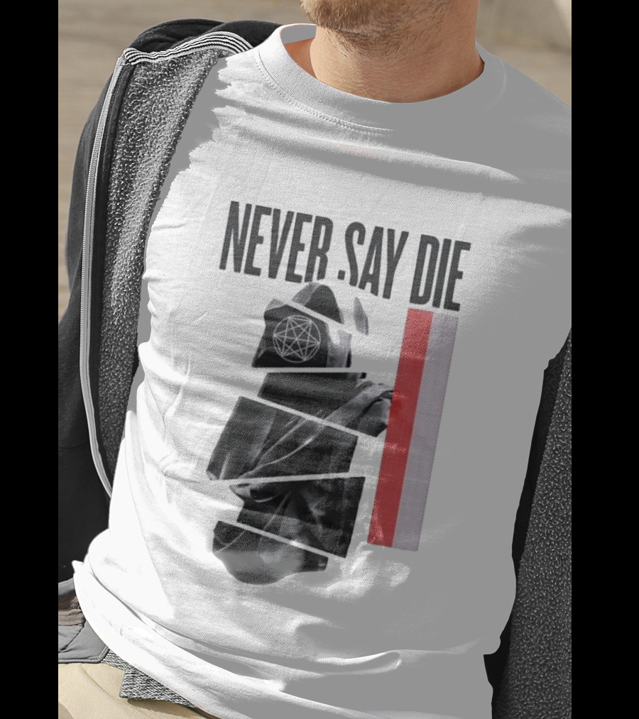 Never Say Die Hooded Occult Figure With Pentagram Halftone T-Shirt