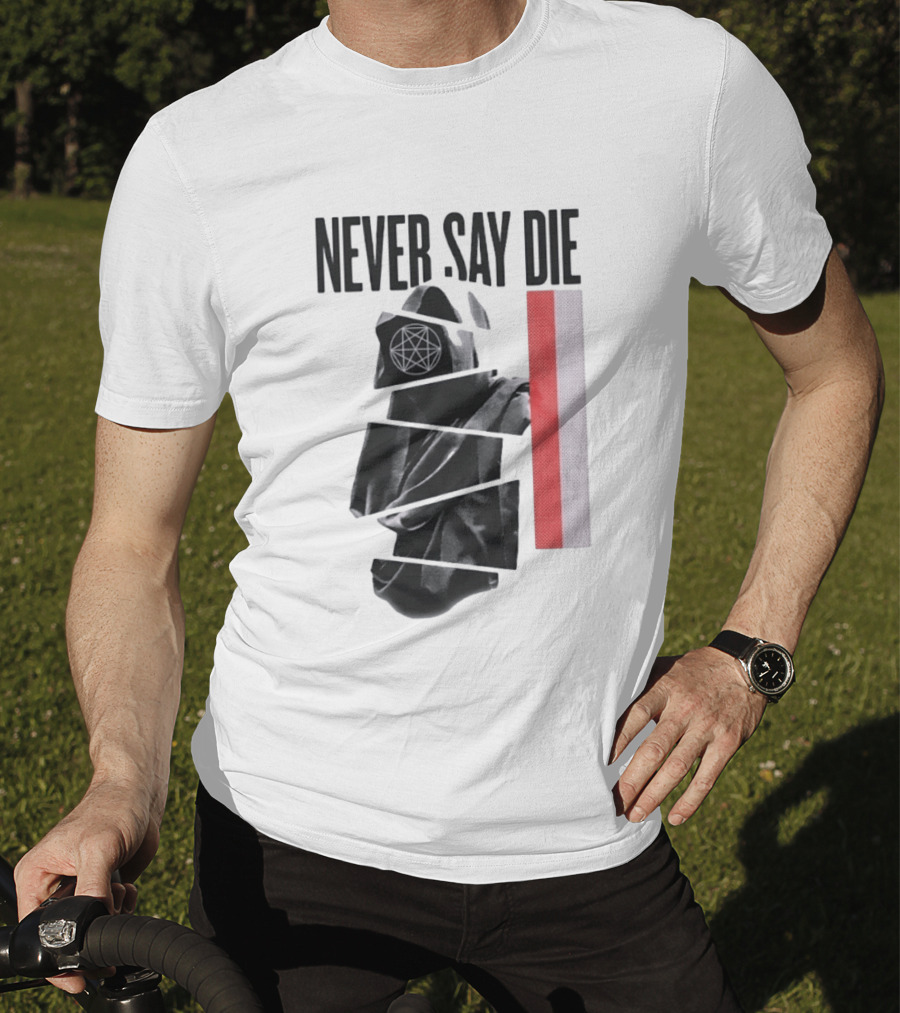 Never Say Die Hooded Occult Figure With Pentagram Halftone T-Shirt