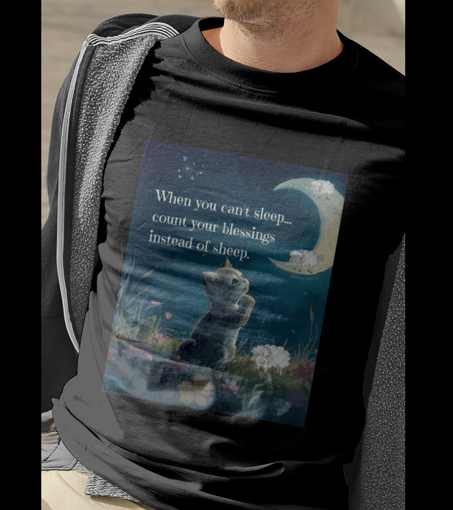 Cat When You Can't Sleep Count Your Blessings Instead Of Sheep Healing Vibes Moon Sheep Flowers T-Shirt