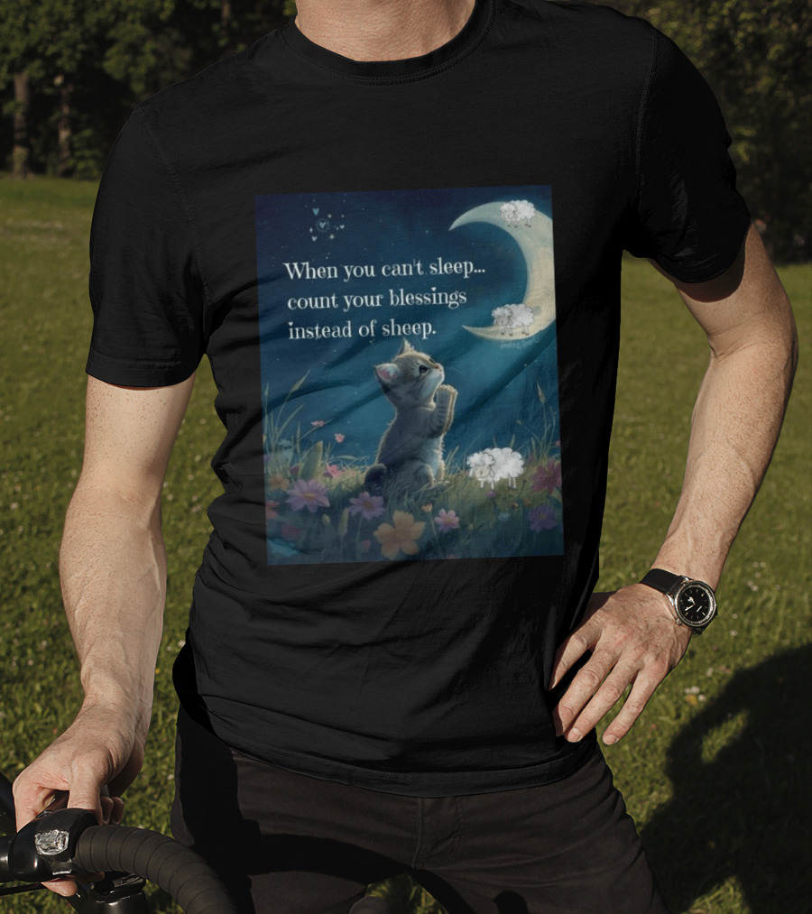 Cat When You Can't Sleep Count Your Blessings Instead Of Sheep Healing Vibes Moon Sheep Flowers T-Shirt