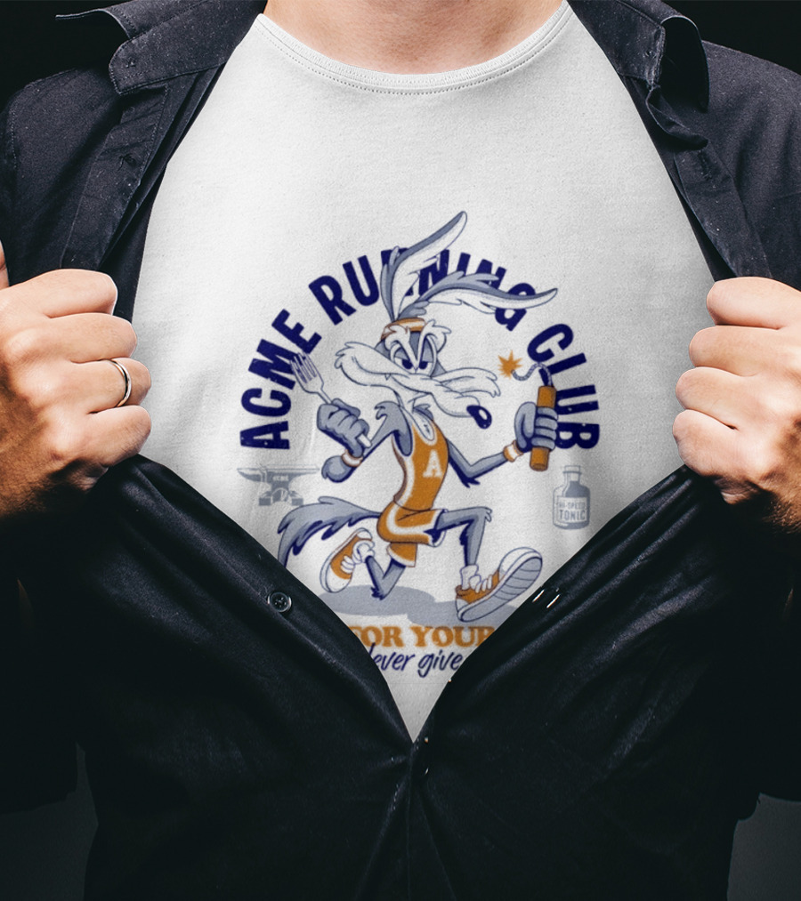 Acme Running Club Wile E Coyote Run For Your Life Never Give Up T-Shirt
