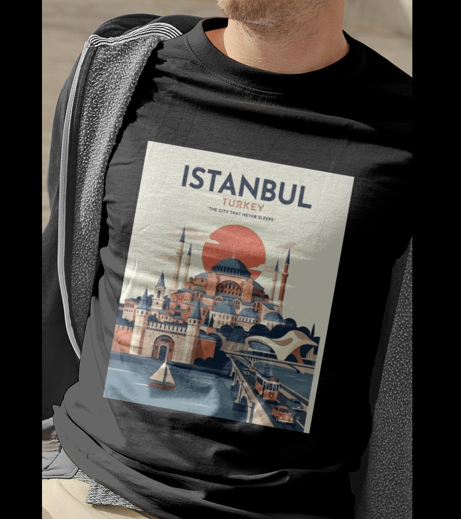 Istanbul Turkey The City That Never Sleeps Iconic Landmarks Urban Skyline Retro Style Scenic Tram And Sailboat T-Shirt