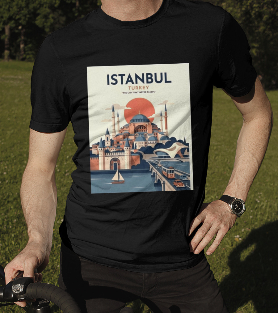 Istanbul Turkey The City That Never Sleeps Iconic Landmarks Urban Skyline Retro Style Scenic Tram And Sailboat T-Shirt