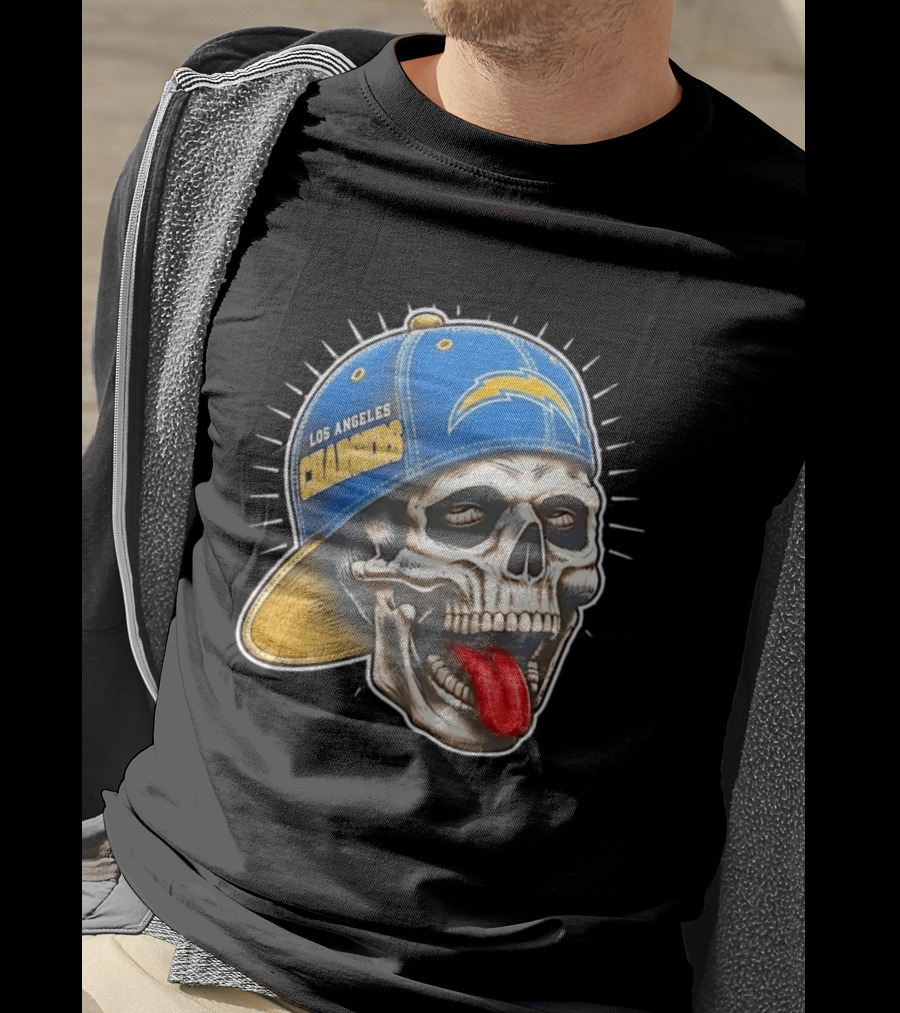 Los Angeles Chargers Skull Tongue Out Cap Football T-Shirt