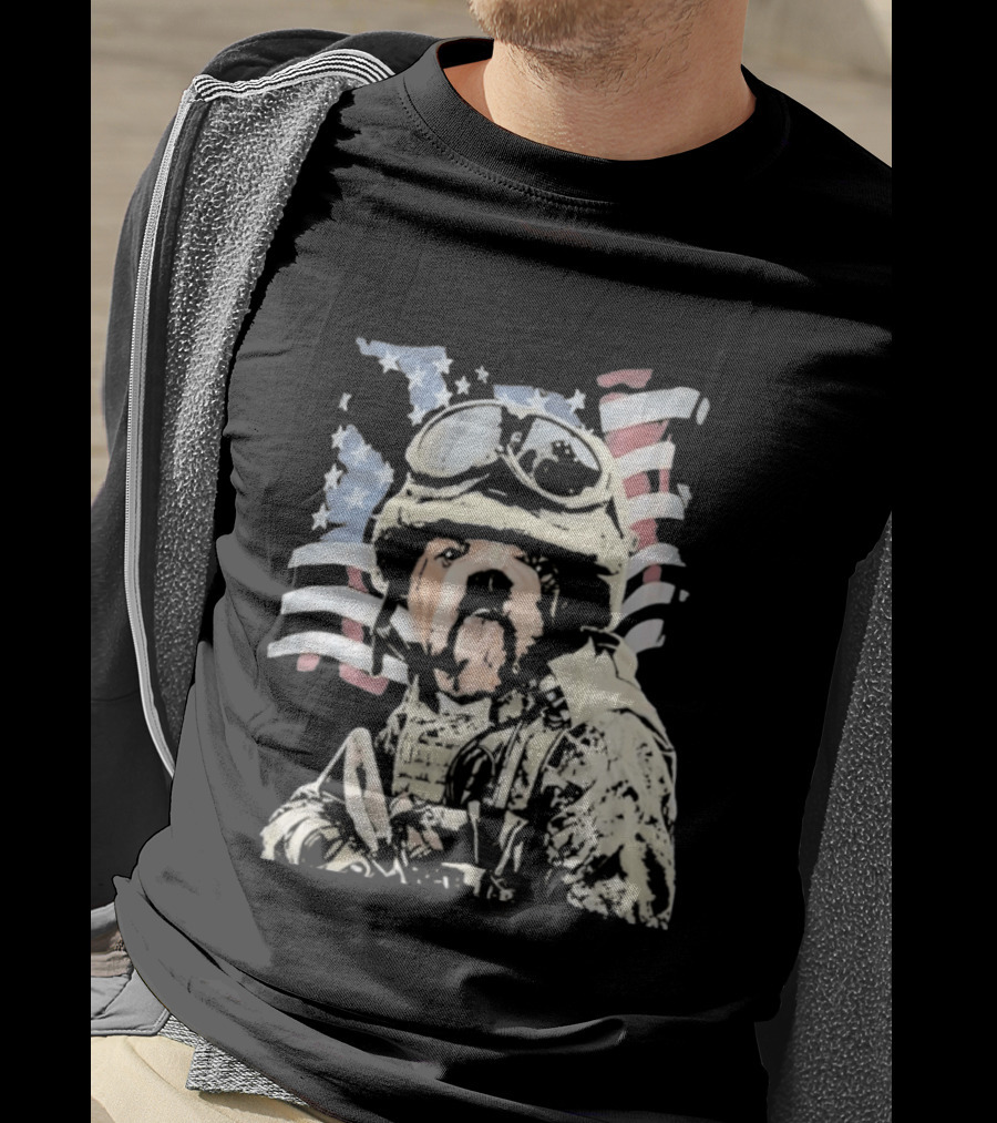 American Bulldog Soldier With United States Flag Goggles And Military Gear T-Shirt