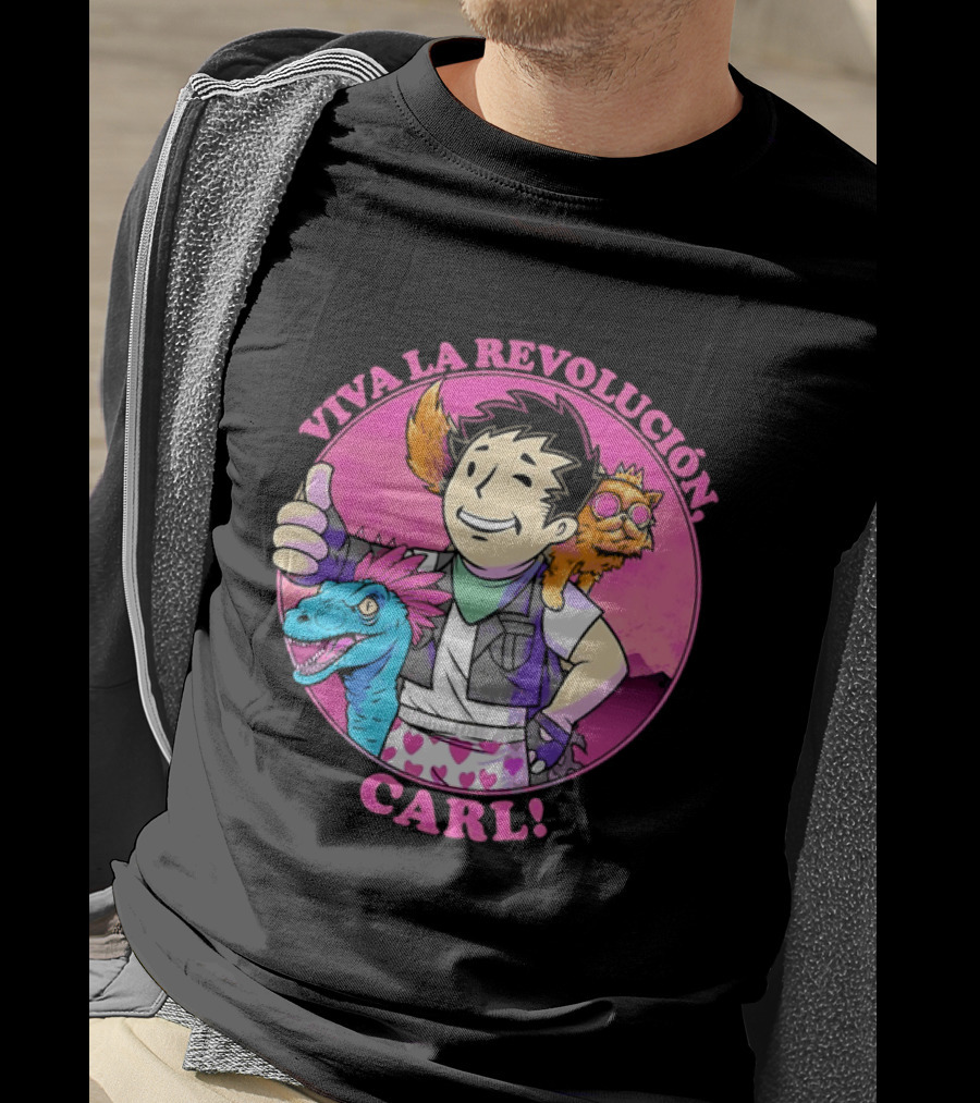 Viva La Revolución Carl Fallout Vault Boy Dinosaur Cat T-Shirt
