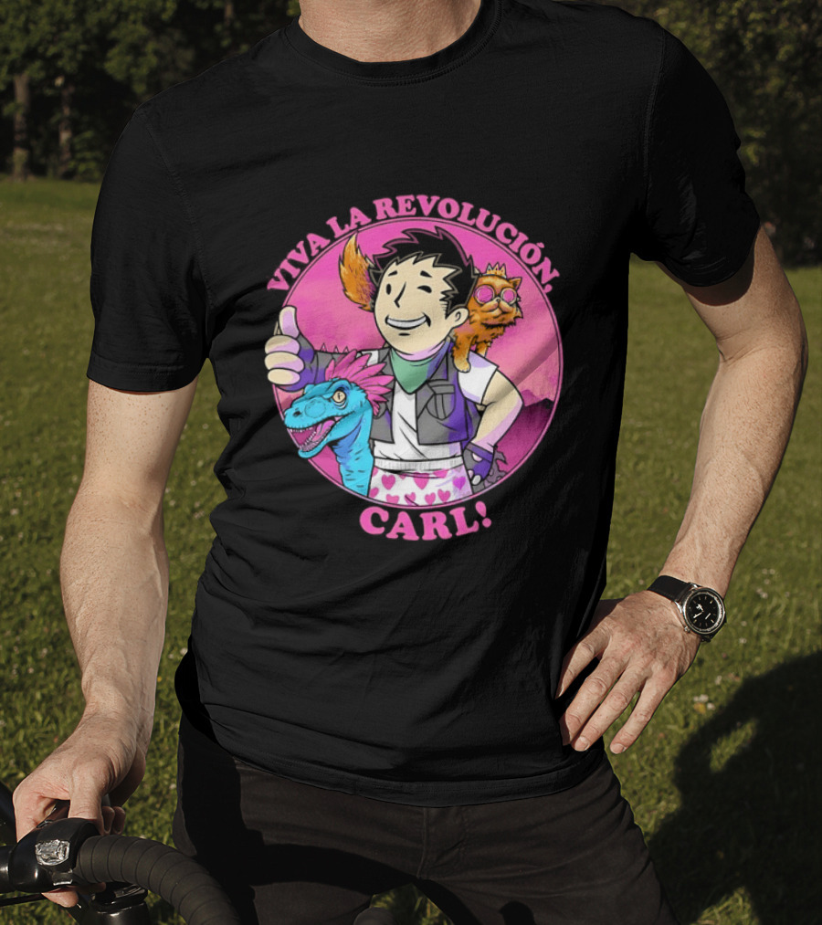 Viva La Revolución Carl Fallout Vault Boy Dinosaur Cat T-Shirt