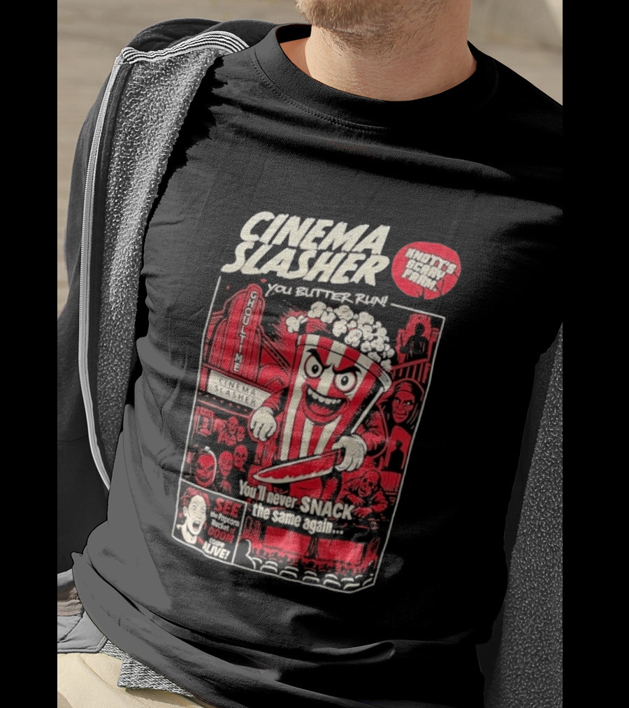 Cinema Slasher You Butter Run Knott's Scary Farm Popcorn Bucket Of Doom T-Shirt