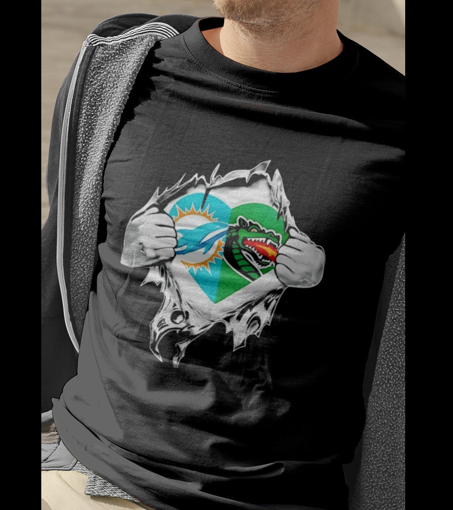 Miami Dolphins UAB Blazers Heart Superman Chest Rip T-Shirt