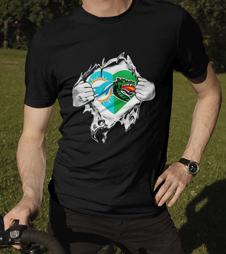 Miami Dolphins UAB Blazers Heart Superman Chest Rip T-Shirt