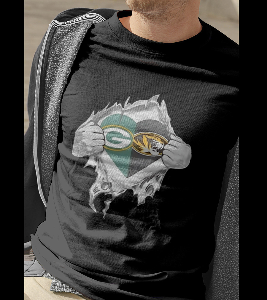 Green Bay Packers Missouri Tigers Heart Superman Chest Rip T-Shirt