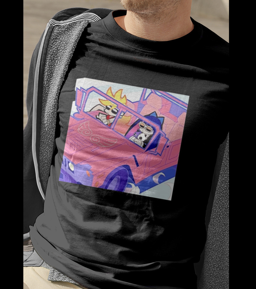 Panty And Stocking With Garterbelt Anime Characters Riding In Pink Car T-Shirt