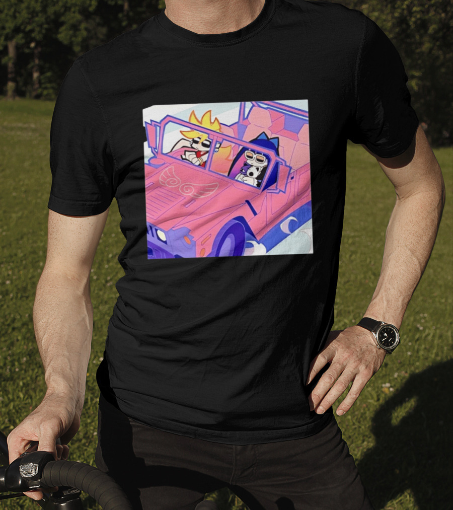 Panty And Stocking With Garterbelt Anime Characters Riding In Pink Car T-Shirt