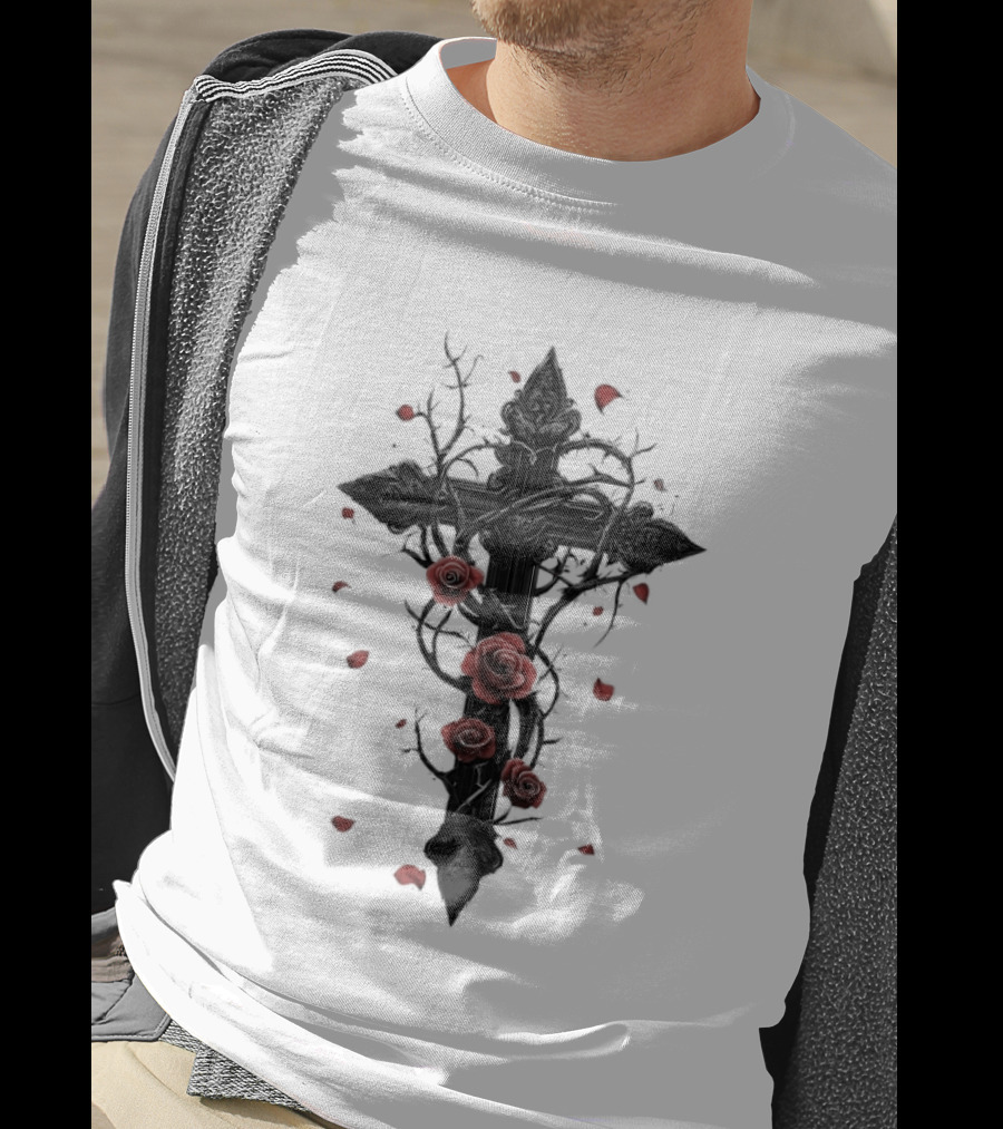 Gothic Cross Red Roses Thorns Religious Symbol Roses T-Shirt