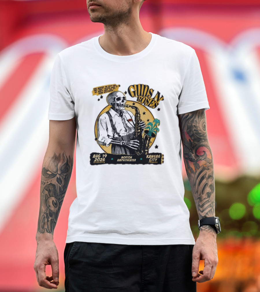 Guns N' Roses Aug 19 2026 Morton Amphitheater Kansas City Skeleton Saxophone T-Shirt