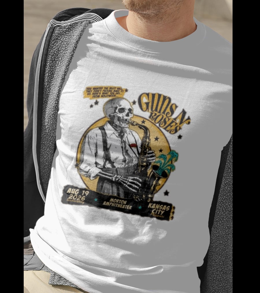 Guns N' Roses Aug 19 2026 Morton Amphitheater Kansas City Skeleton Saxophone T-Shirt