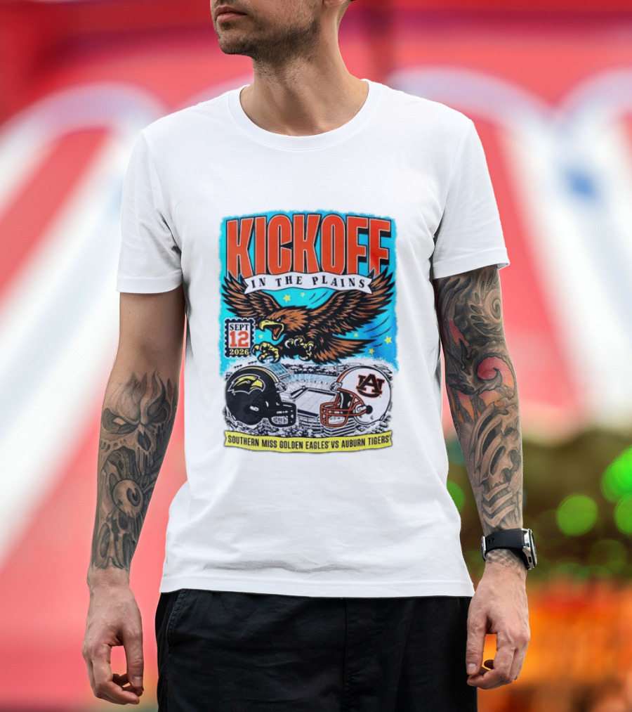 Kickoff In The Plains Southern Miss Golden Eagles Vs Auburn Tigers Sept 12 2026 Football Matchup T-Shirt