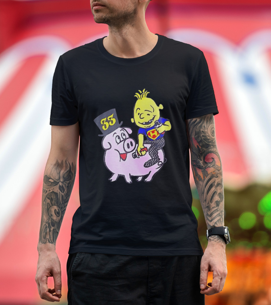 33 Cartoon Boy Yellow Hair Riding Pink Pig Black Top Hat H Hero T-Shirt