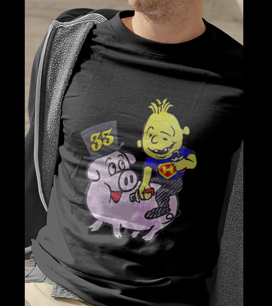 33 Cartoon Boy Yellow Hair Riding Pink Pig Black Top Hat H Hero T-Shirt