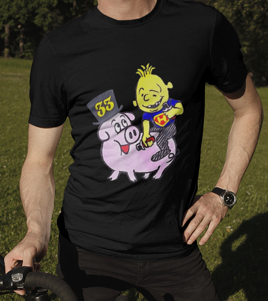 33 Cartoon Boy Yellow Hair Riding Pink Pig Black Top Hat H Hero T-Shirt