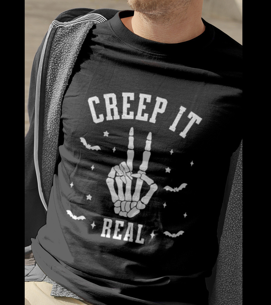 Creep It Real Skeleton Hand Peace Sign Halloween Bats Stars T-Shirt