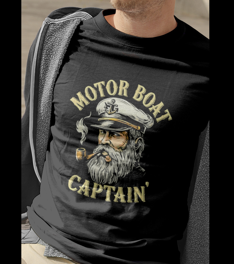 Motor Boat Captain Nautical Sea Sailor Pipe Smoking Beard T-Shirt