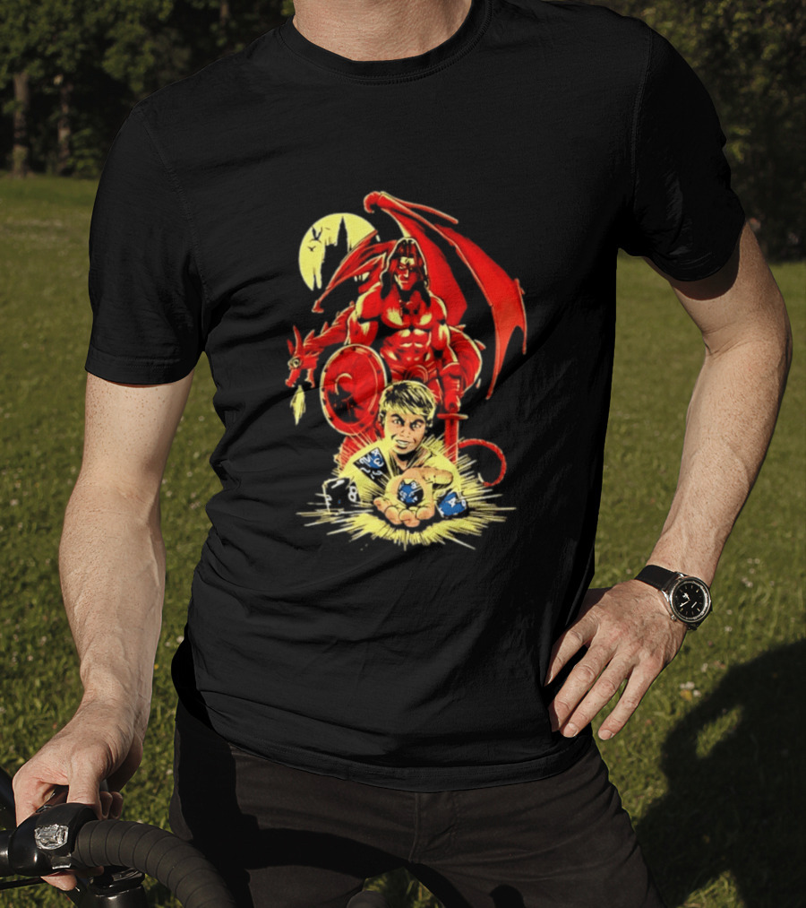 Dungeons And Dragons Player With Red Dragon And Blue Dice Adventure T-Shirt