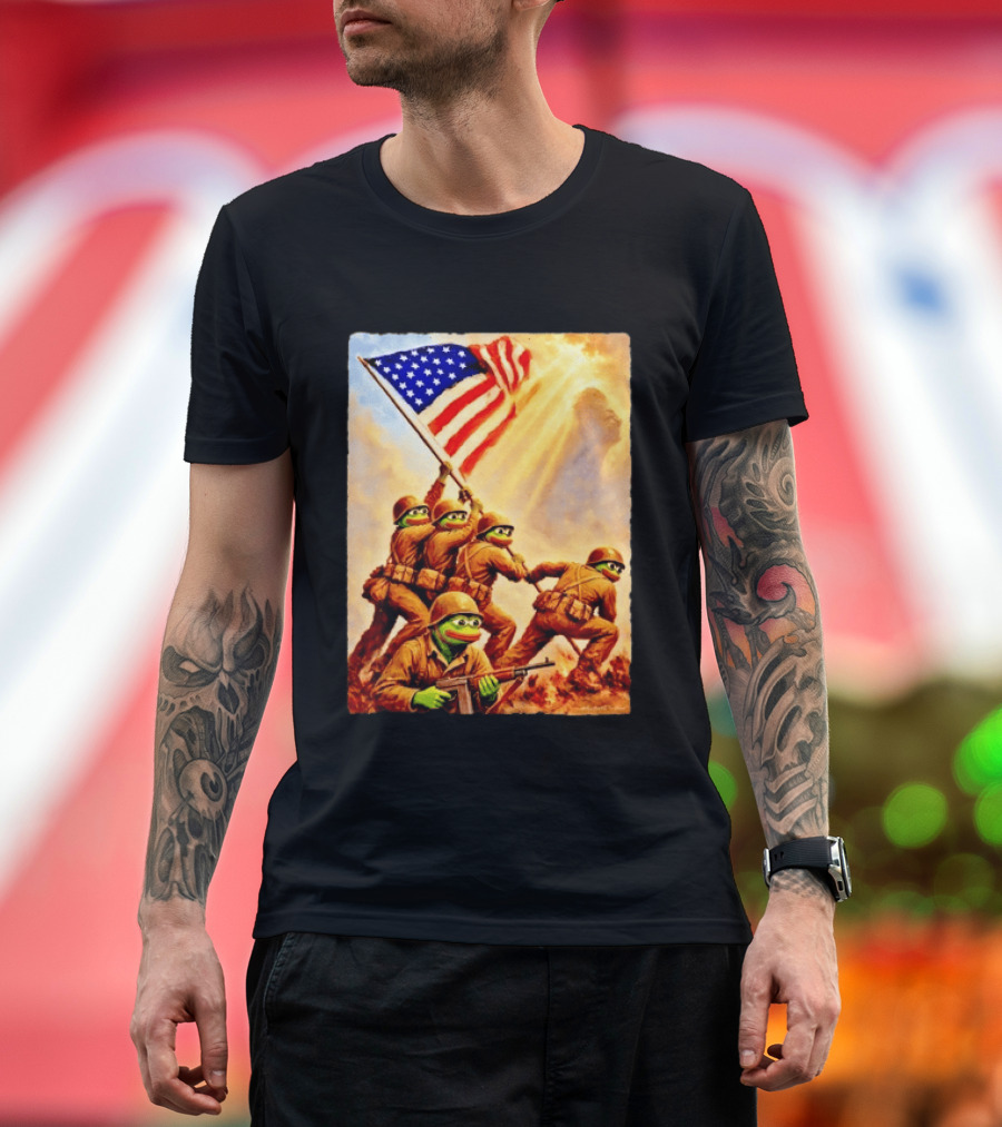Pepe The Frog American Flag Soldiers Together We Win WWII Iwo Jima Memorial T-Shirt